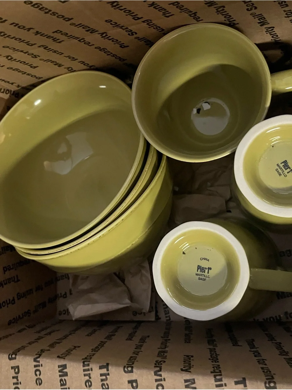 Pier 1 Olive Green Ceramic Bowl and Mug Set (4 each)